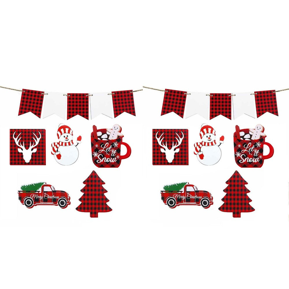 2 Sets of 6-Piece Christmas Tiered Tray Decorations Xmas Wooden Signs Tabletop Decor