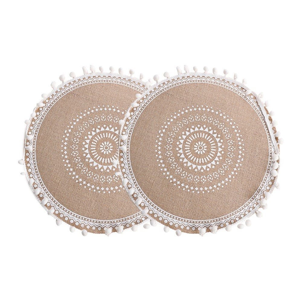 2Pcs 38cm Jute Woven Placemat Round Tableware Mat Dining Room Table Decor - White Balls Style