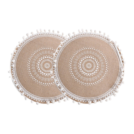2Pcs 38cm Jute Woven Placemat Round Tableware Mat Dining Room Table Decor - White Balls Style