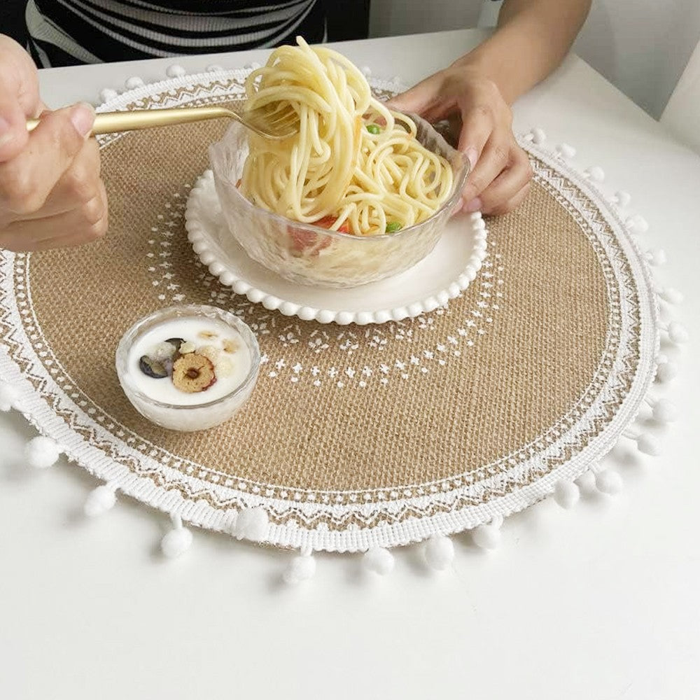 2Pcs 38cm Jute Woven Placemat Round Tableware Mat Dining Room Table Decor - White Balls Style