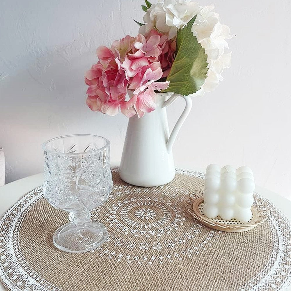 2Pcs 38cm Jute Woven Placemat Round Tableware Mat Dining Room Table Decor - White Balls Style
