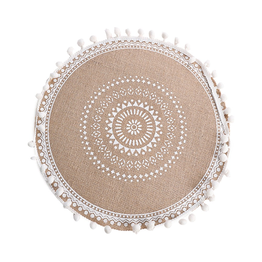 2Pcs 38cm Jute Woven Placemat Round Tableware Mat Dining Room Table Decor - White Balls Style