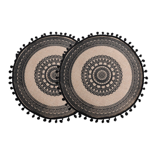 2Pcs 38cm Jute Woven Placemat Round Tableware Mat Dining Room Table Decor - Black Balls Style
