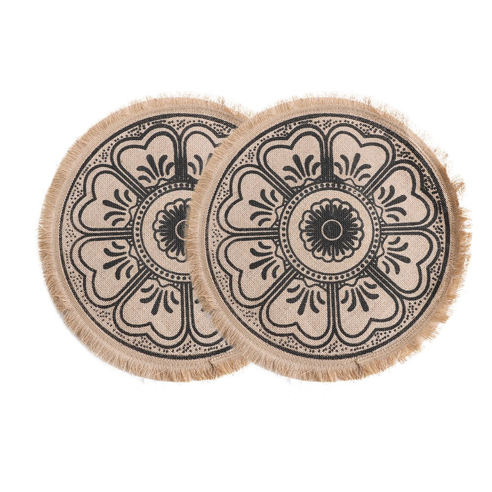 2Pcs 41cm Jute Woven Placemat Round Tableware Mat Dining Room Table Decor - Black Flower Style