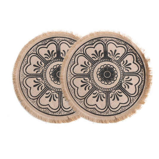2Pcs 41cm Jute Woven Placemat Round Tableware Mat Dining Room Table Decor - Black Flower Style