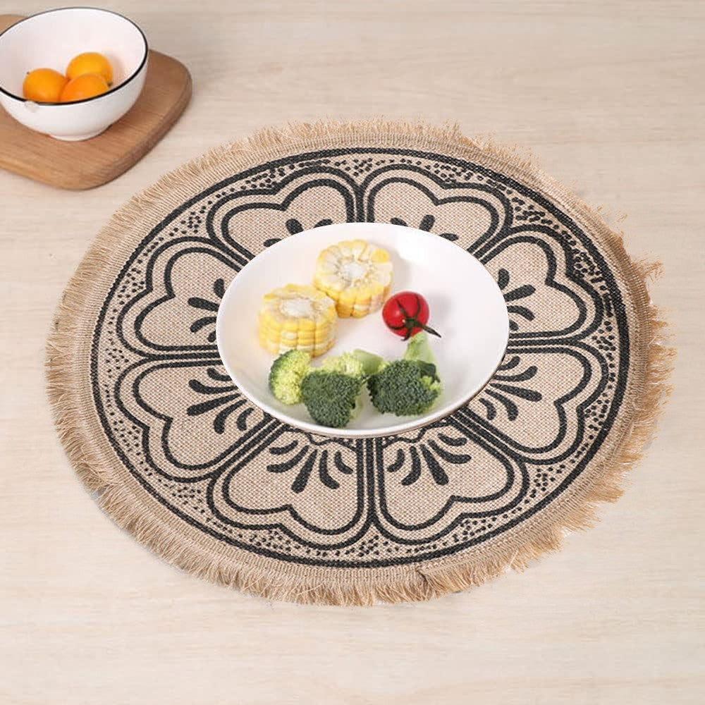 2Pcs 41cm Jute Woven Placemat Round Tableware Mat Dining Room Table Decor - Black Flower Style