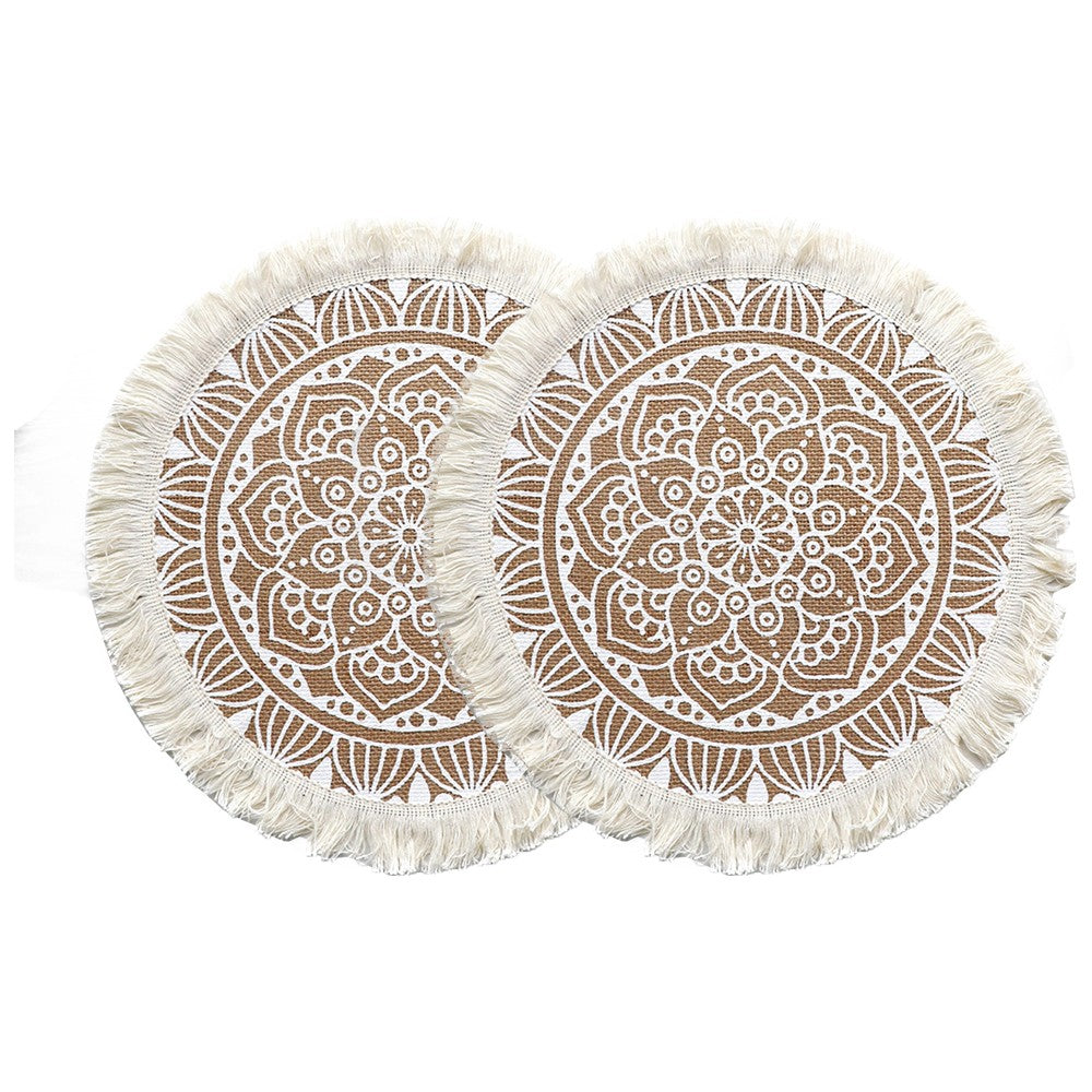 2Pcs 41cm Jute Woven Placemat Round Tableware Mat Dining Room Table Decor - White Lotus Style
