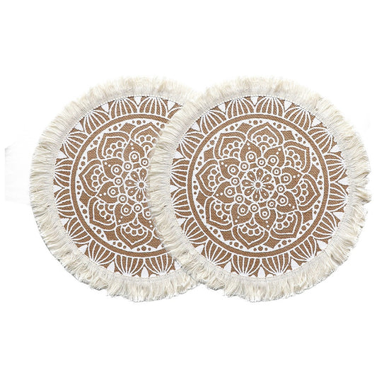 2Pcs 41cm Jute Woven Placemat Round Tableware Mat Dining Room Table Decor - White Lotus Style