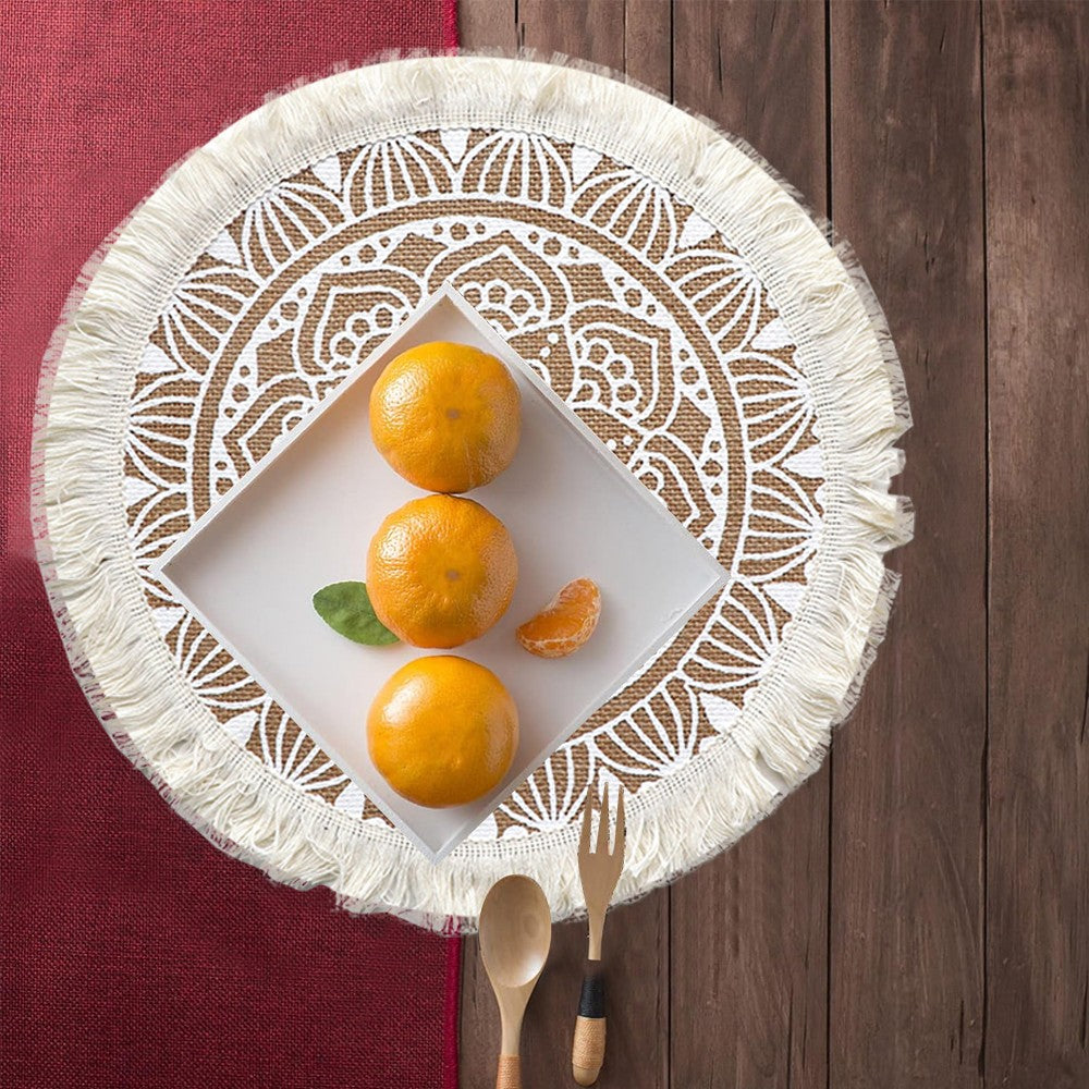 2Pcs 41cm Jute Woven Placemat Round Tableware Mat Dining Room Table Decor - White Lotus Style