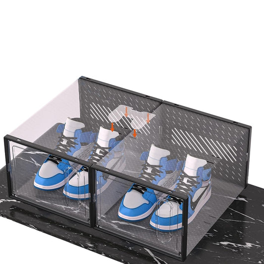 4Pcs Stackable Clear Shoe Boxes with Magnetic Door Sneaker Plastic Storage Box - Black