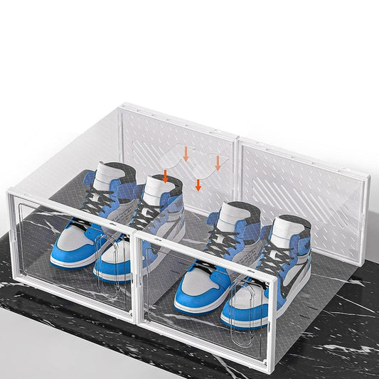 4Pcs Stackable Clear Shoe Boxes with Magnetic Door Sneaker Plastic Storage Box - White