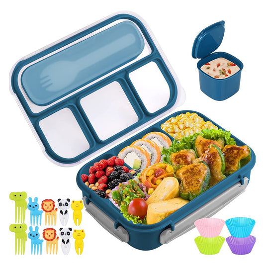 4 Compartments Bento Box Leakproof Lunch Box Food Storage Containers with Spoon - Blue