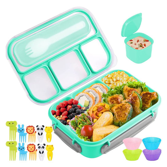 4 Compartments Bento Box Leakproof Lunch Box Food Storage Containers with Spoon - Green