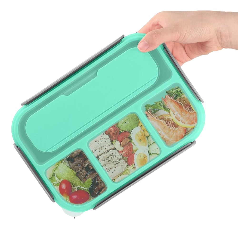 4 Compartments Bento Box Leakproof Lunch Box Food Storage Containers with Spoon - Green