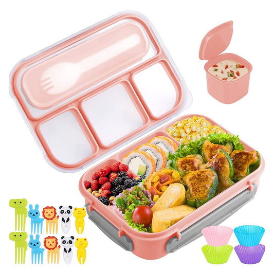 4 Compartments Bento Box Leakproof Lunch Box Food Storage Containers with Spoon - Pink