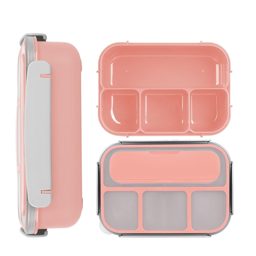 4 Compartments Bento Box Leakproof Lunch Box Food Storage Containers with Spoon - Pink