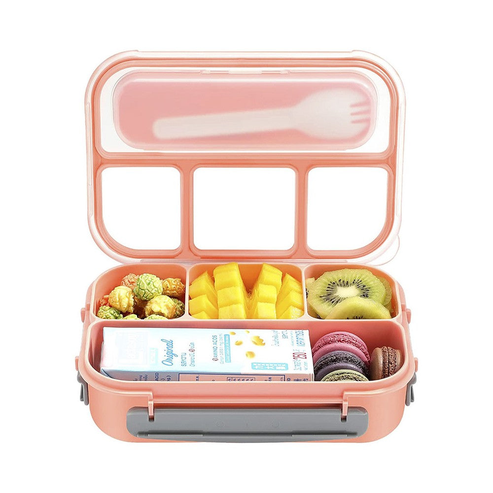 4 Compartments Bento Box Leakproof Lunch Box Food Storage Containers with Spoon - Pink