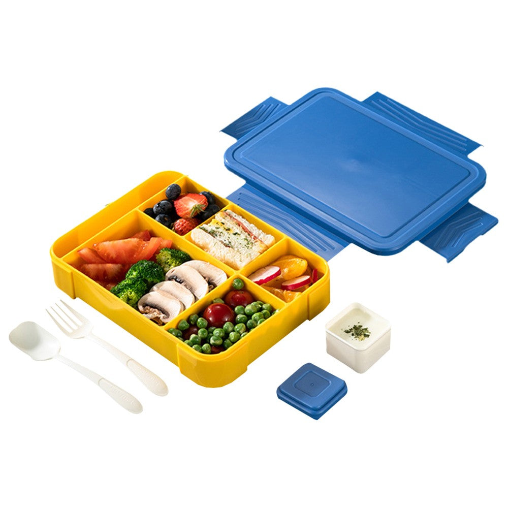 1Pc Divided Compartments Bento Box Leakproof Lunch Box with Spoon and Fork - Blue