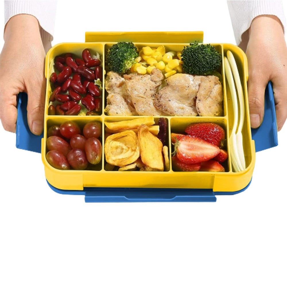 1Pc Divided Compartments Bento Box Leakproof Lunch Box with Spoon and Fork - Blue