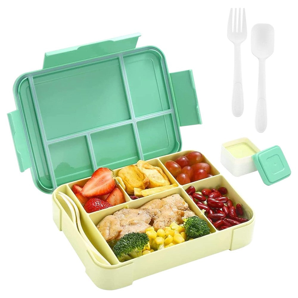 1Pc Divided Compartments Bento Box Leakproof Lunch Box with Spoon and Fork - Green