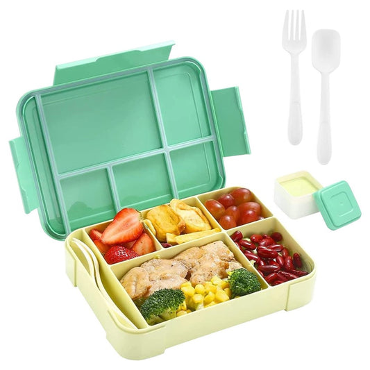 1Pc Divided Compartments Bento Box Leakproof Lunch Box with Spoon and Fork - Green