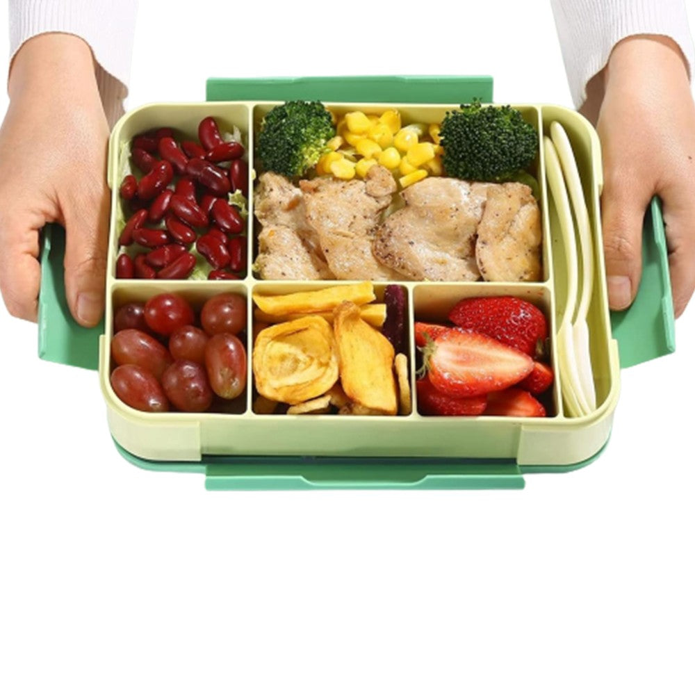 1Pc Divided Compartments Bento Box Leakproof Lunch Box with Spoon and Fork - Green