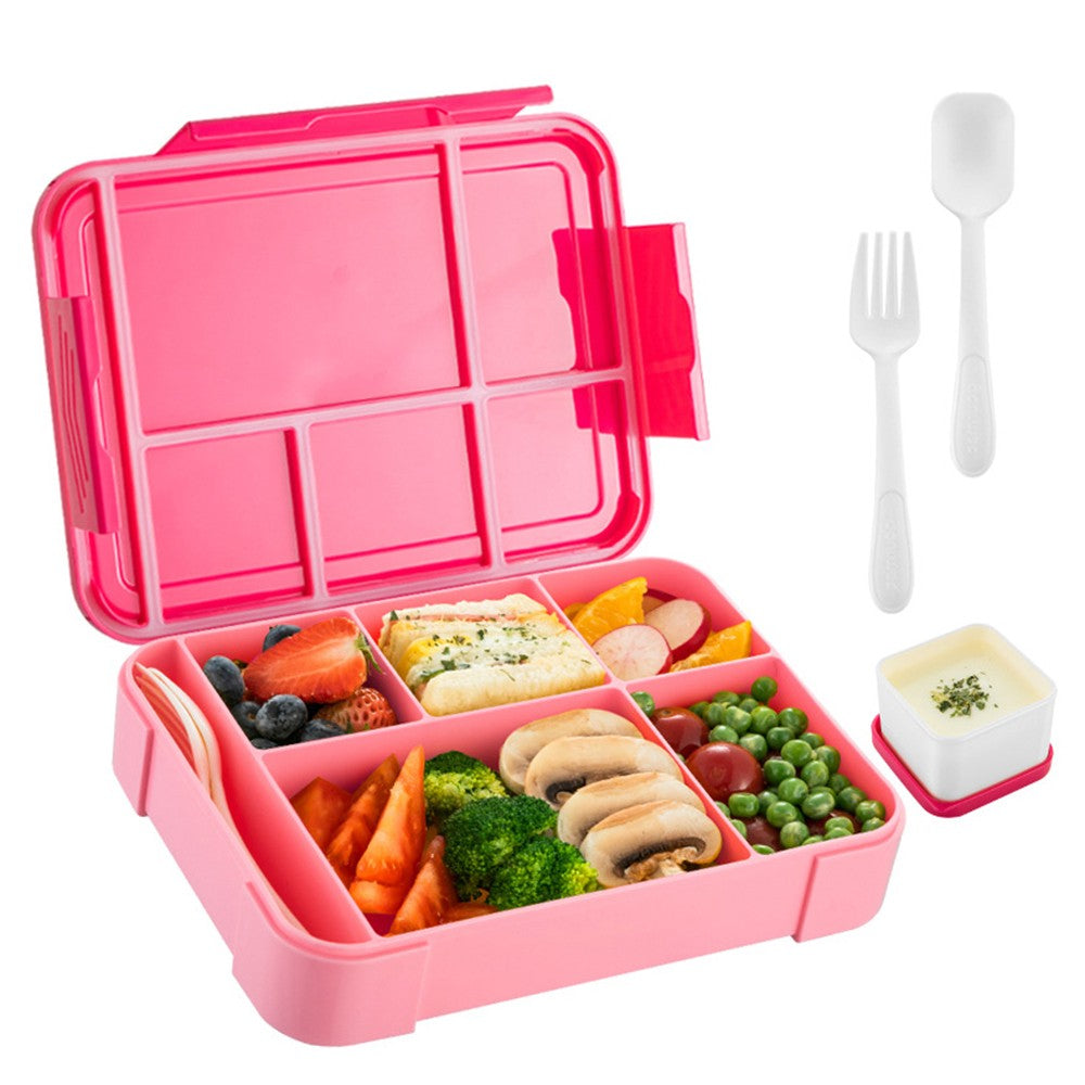 1Pc Divided Compartments Bento Box Leakproof Lunch Box with Spoon and Fork - Rose Red