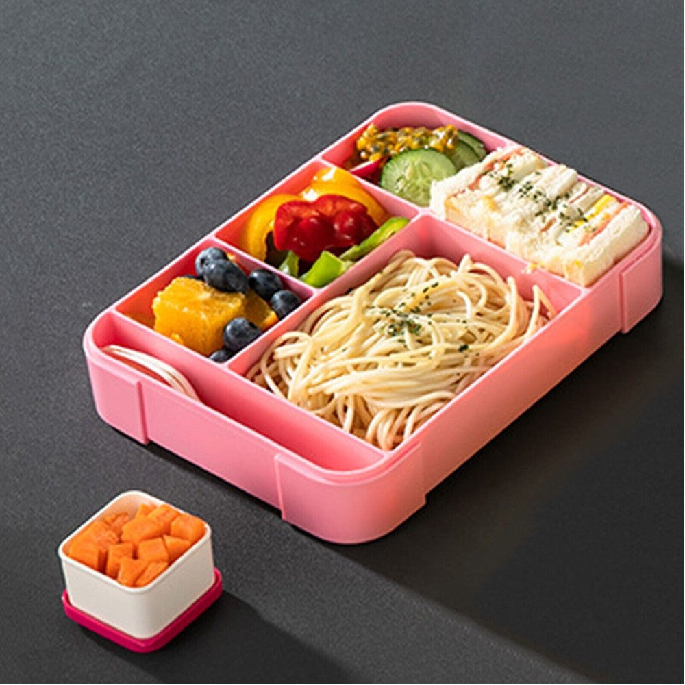 1Pc Divided Compartments Bento Box Leakproof Lunch Box with Spoon and Fork - Rose Red