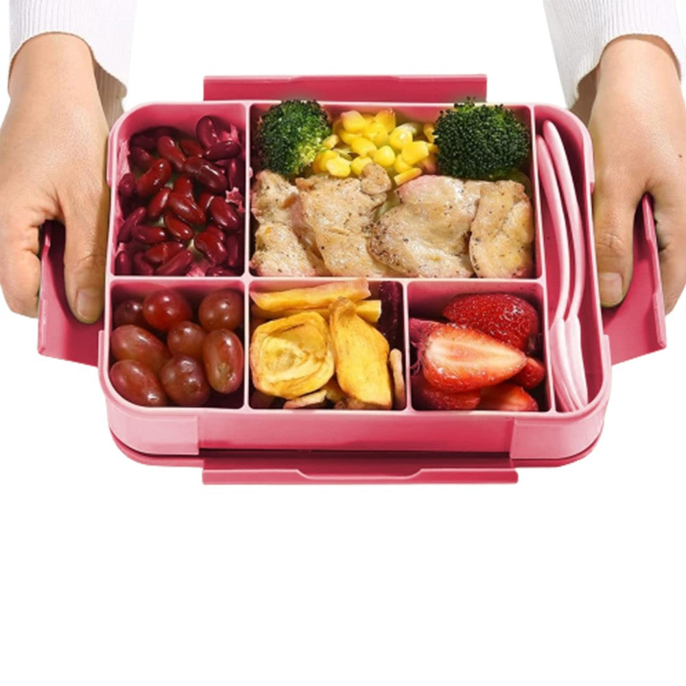 1Pc Divided Compartments Bento Box Leakproof Lunch Box with Spoon and Fork - Rose Red