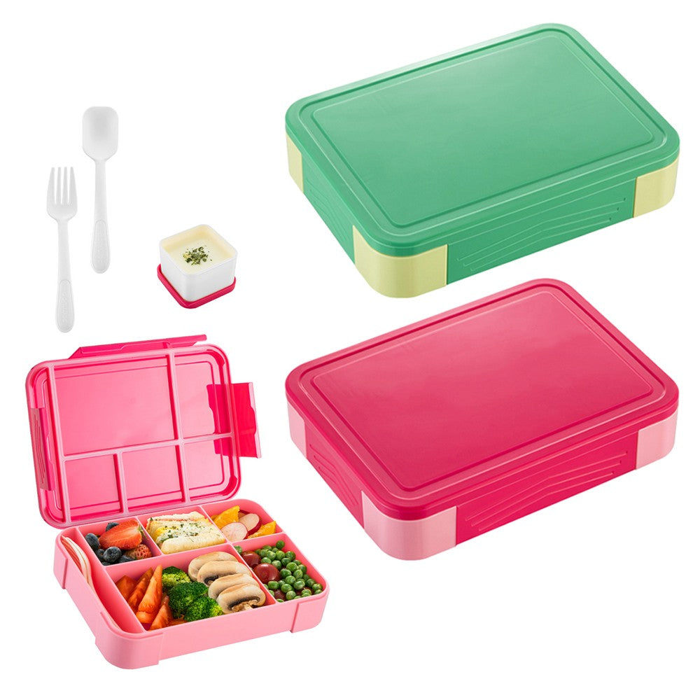 2Pcs Divided Compartments Bento Box Leakproof Lunch Box with Spoon and Fork - Rose Red+Green