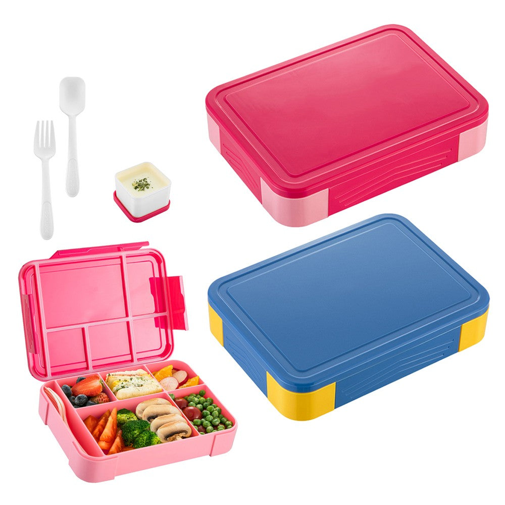 2Pcs Divided Compartments Bento Box Leakproof Lunch Box with Spoon and Fork - Rose Red+Blue