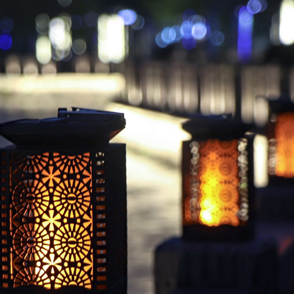 Flickering Flame Lantern Circular Cutout Pattern Decorative Solar Lights