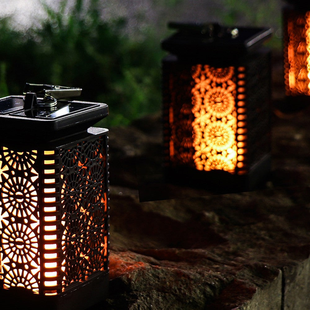 2xFlickering Flame Lantern Circular Cutout Pattern Decorative Solar Lights