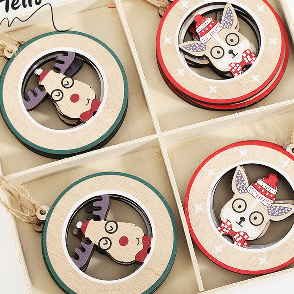 Christmas Round Wood Pendants with Various Christmas Elements Hanging Decor