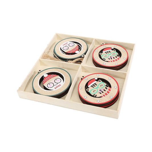 Christmas Round Wood Pendants with Various Christmas Elements Hanging Decor