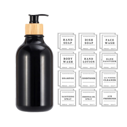 Refillable Empty Pump Bottle Shampoo Container with 24 Pieces Label Set - Black