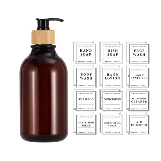 Refillable Empty Pump Bottle Shampoo Container with 24 Pieces Label Set - Brown