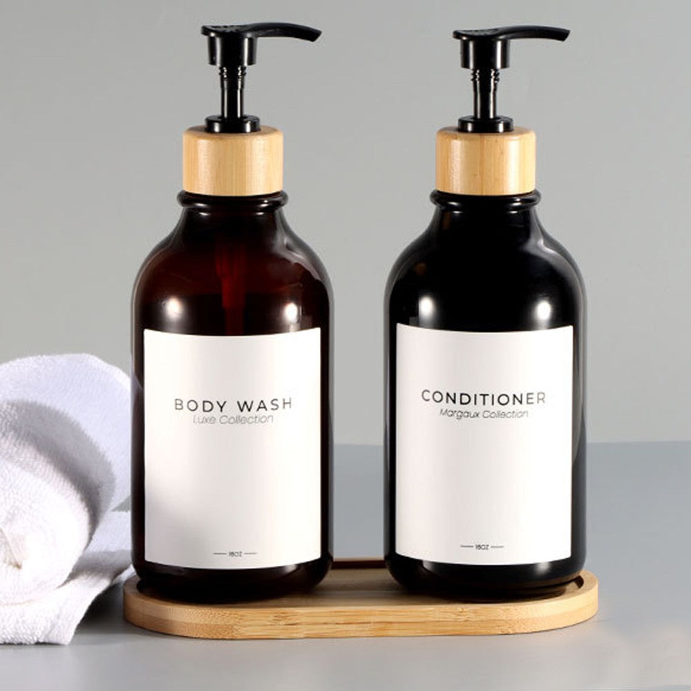 Refillable Empty Pump Bottle Shampoo Container with 24 Pieces Label Set - Brown