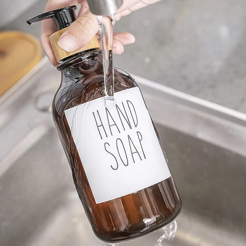 Refillable Empty Pump Bottle Shampoo Container with 24 Pieces Label Set - Brown