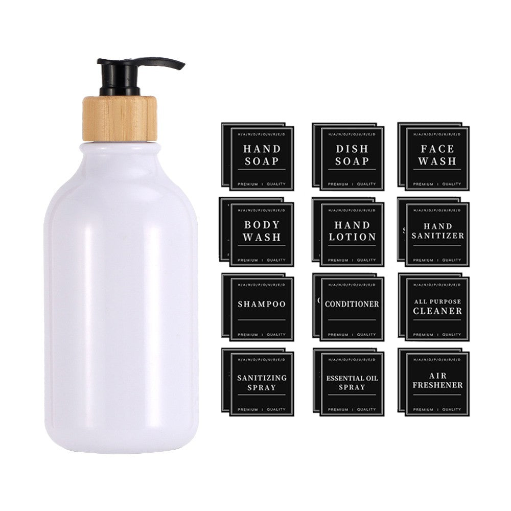 Refillable Empty Pump Bottle Shampoo Container with 24 Pieces Label Set - White