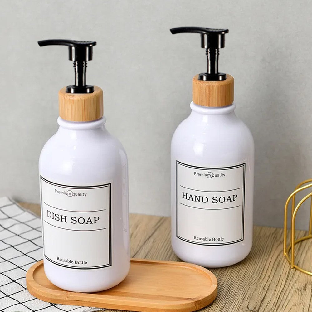 Refillable Empty Pump Bottle Shampoo Container with 24 Pieces Label Set - White