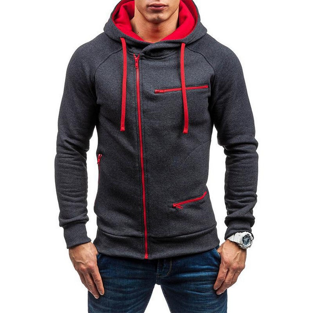 Mens Casual Zipper Hooded Top Slim Fit Sweatshirt