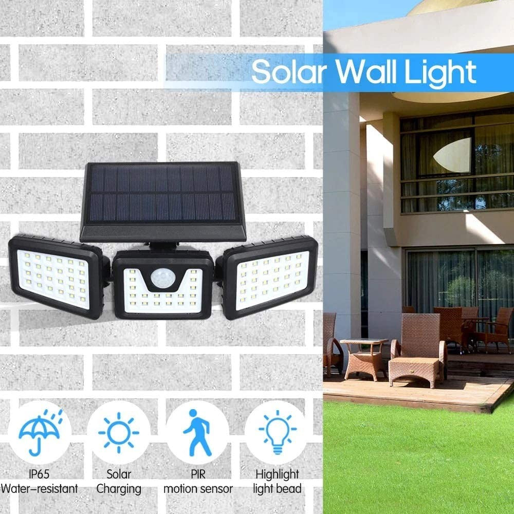 74LED IP65 Waterproof 3 Heads Spotlights Motion Sensor Solar Powered Lights