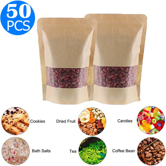 50pcs Kitchen 15x22CM Resealable Kraft Paper Zip Lock Pouches Self Sealing Zipper Food Storage Bags with Visible Window