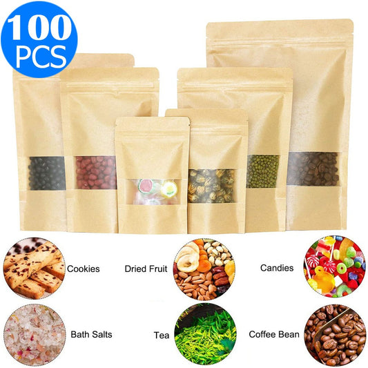 100 X Resealable Kraft Paper Zip Lock Pouches Self Sealing Zipper Food Storage Bags with Visible Window 5 Sizes