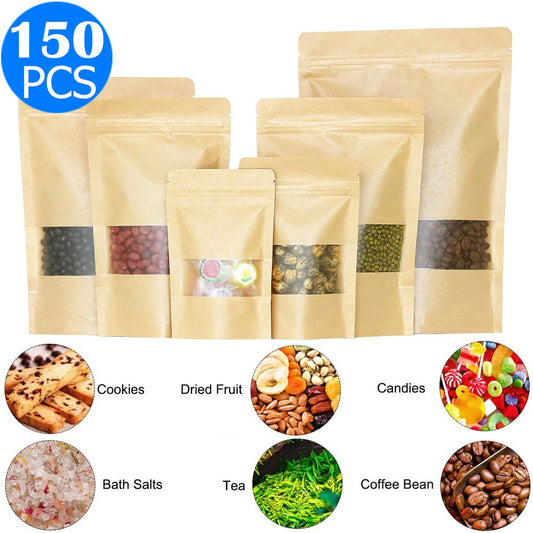 150 X Resealable Kraft Paper Zip Lock Pouches Self Sealing Zipper Food Storage Bags with Visible Window 5 Sizes