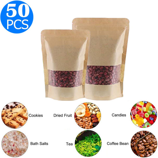 50 X Resealable Kraft Paper Zip Lock Pouches Self Sealing Zipper Food Storage Bags with Visible Window Same Sizes 9x14 and 14x20