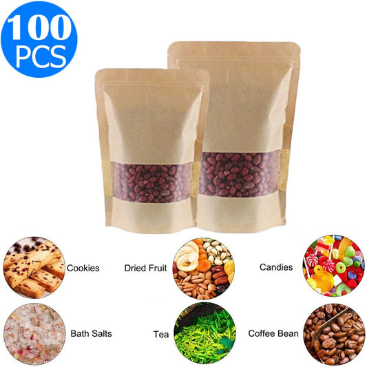 100 X Resealable Kraft Paper Zip Lock Pouches Self Sealing Zipper Food Storage Bags with Visible Window Same Sizes 9x14 and 14x20