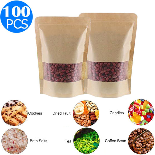 100 X Resealable Kraft Paper Zip Lock Pouches Self Sealing Zipper Food Storage Bags with Visible Window Same Sizes 15x22 and 16x26