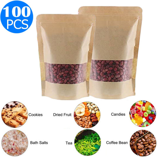 100 X Resealable Kraft Paper Zip Lock Pouches Self Sealing Zipper Food Storage Bags with Visible Window Same Sizes 16x26 and 20x30
